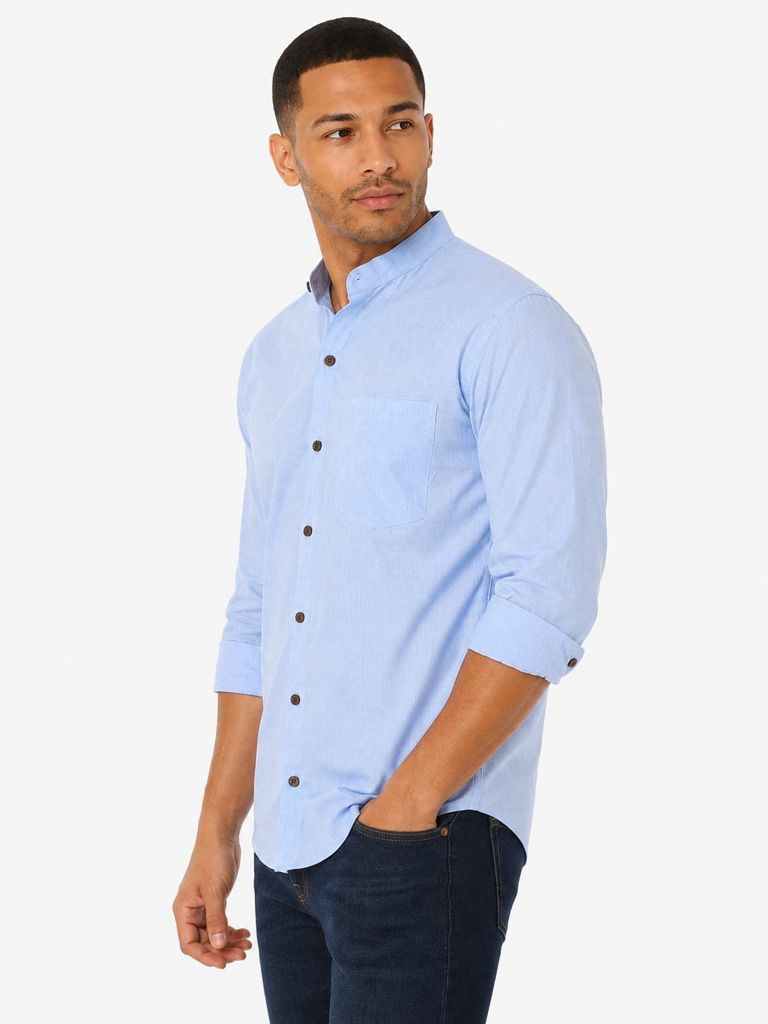 Back view of In-Sattva men's sky blue cotton hip-length button-down shirt
