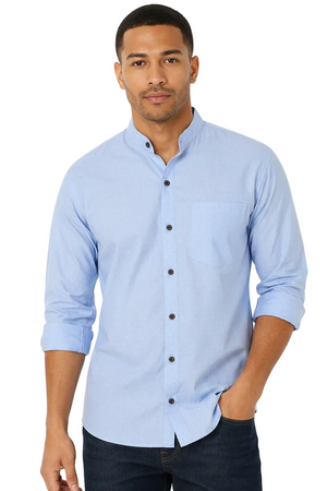 Front view of In-Sattva men's sky blue cotton hip-length button-down shirt