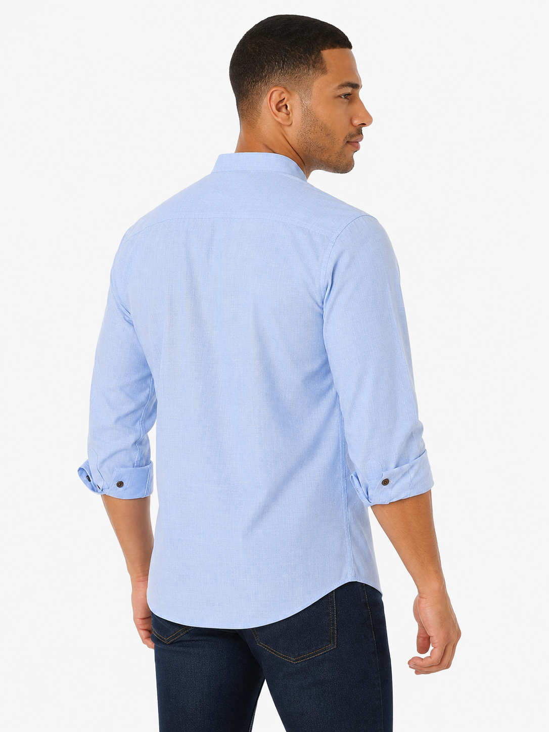 Side view of In-Sattva men's sky blue cotton hip-length button-down shirt