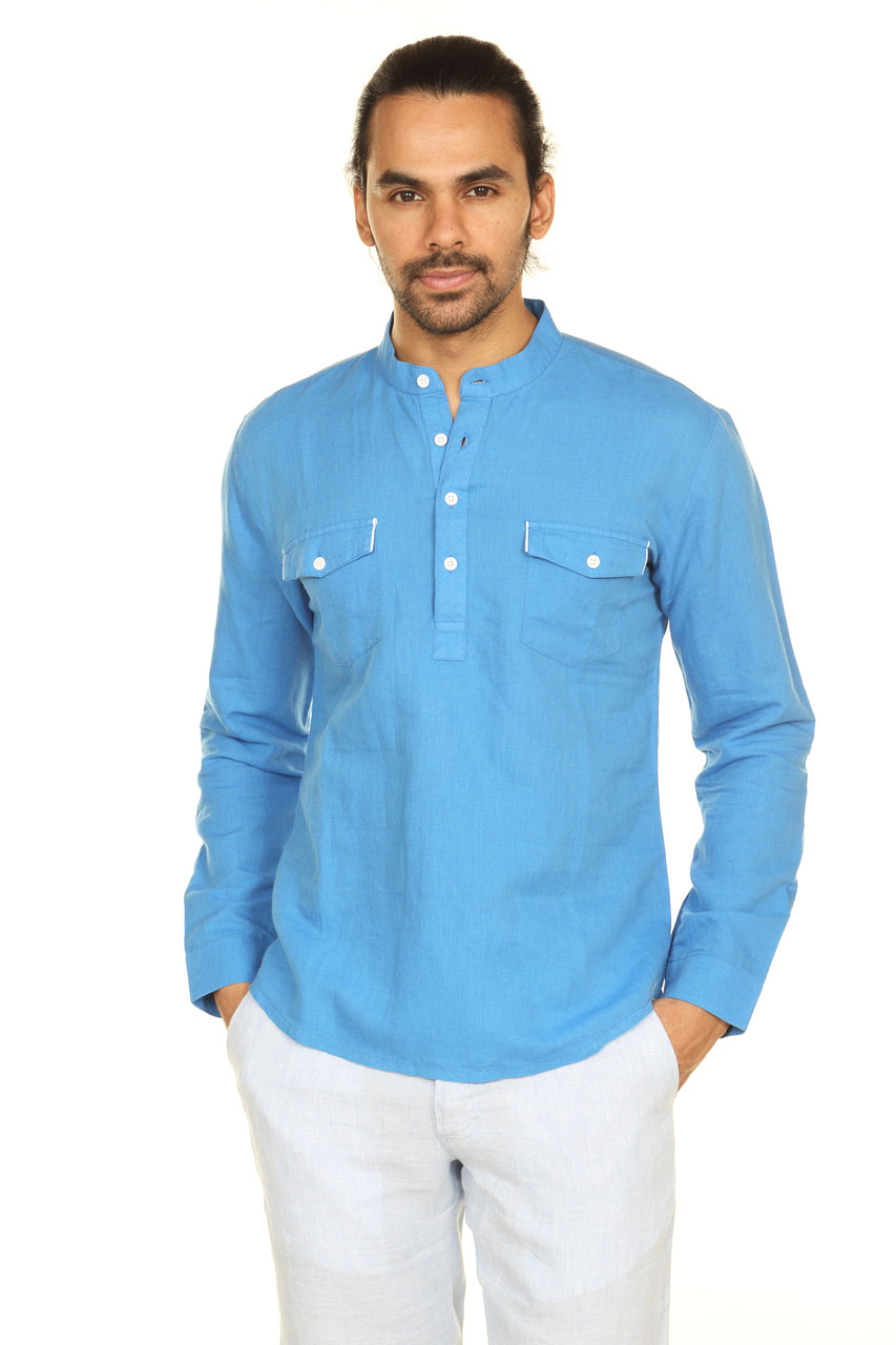 Front view of men's Sky Blue Cotton Linen Double-Breasted Mandarin Tunic with cotton, linen, Mandarin collar