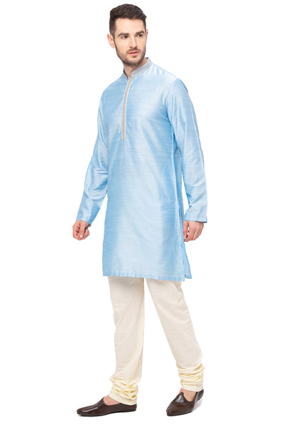 Men's sky blue embroidered cotton blend knee-length kurta, alternate front view.