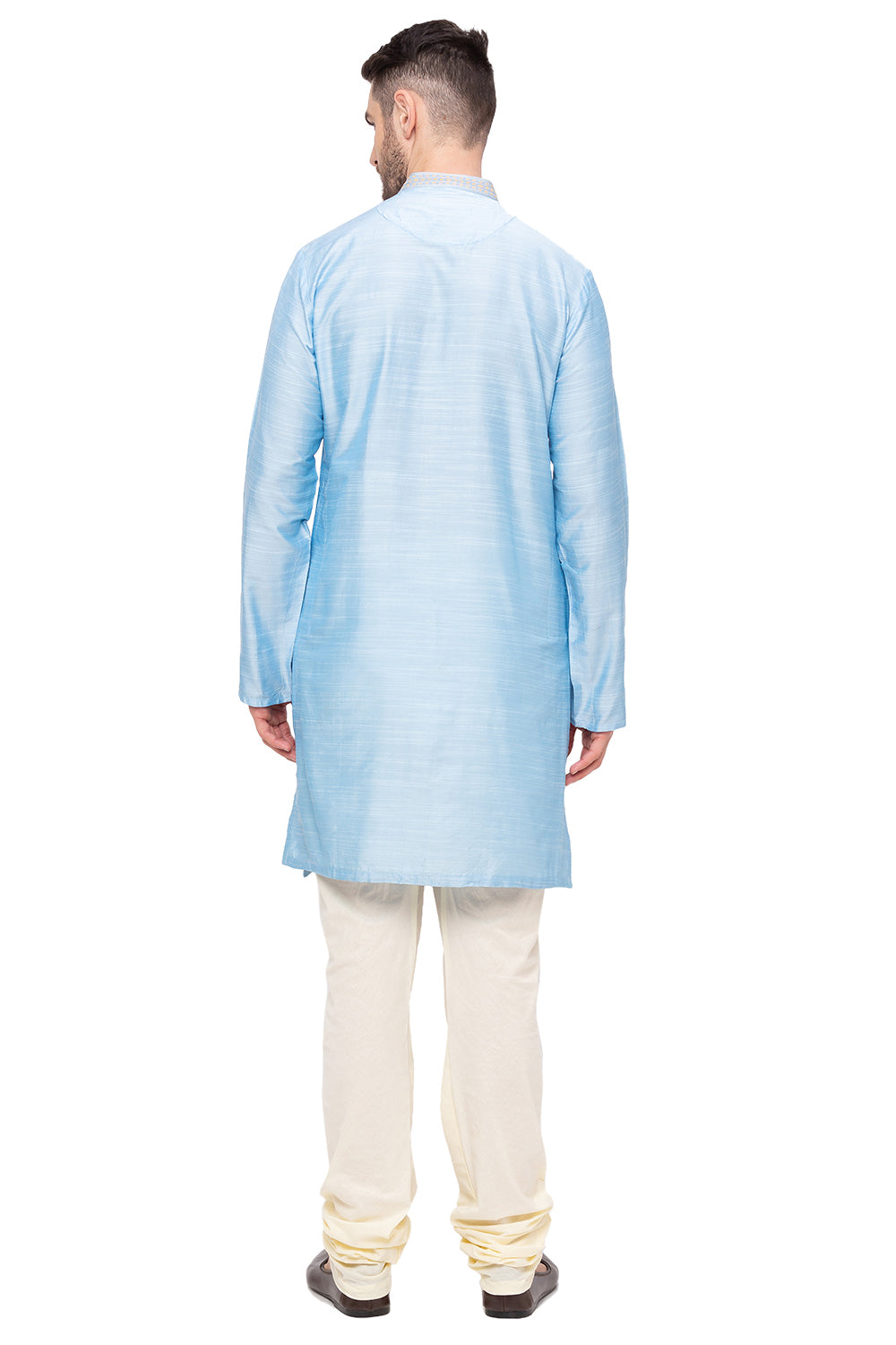 Men's sky blue embroidered cotton blend knee-length kurta, alternate side view.