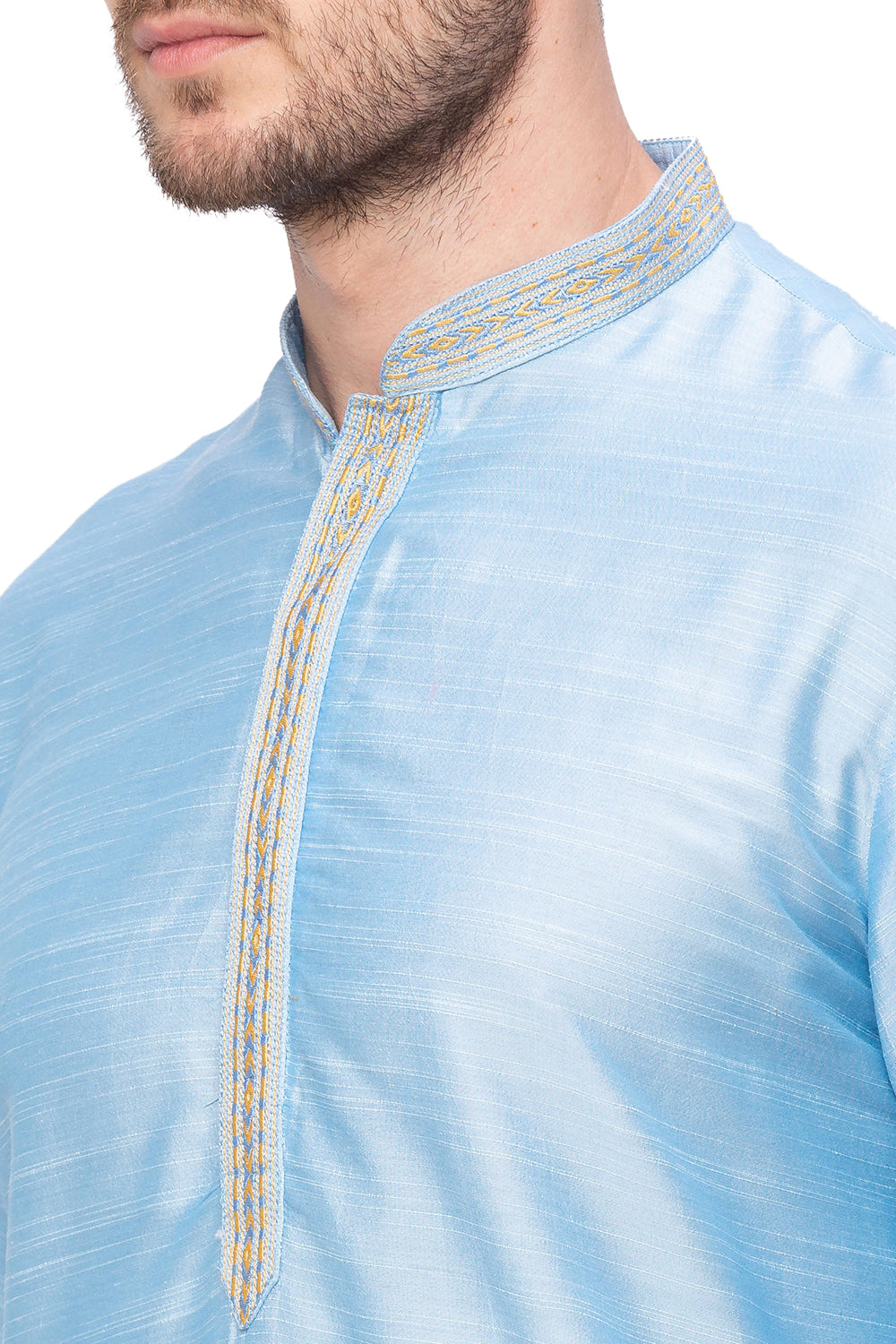 Men's sky blue embroidered cotton blend knee-length kurta, back view.