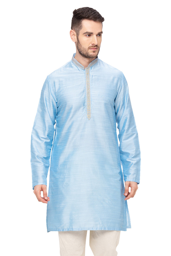 Men's sky blue embroidered cotton blend knee-length kurta, front view.