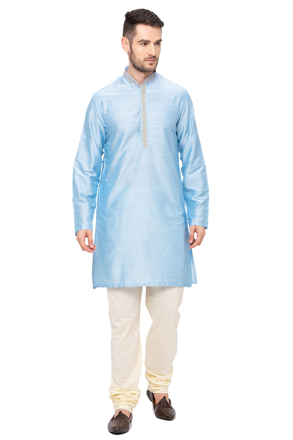 Men's sky blue embroidered cotton blend knee-length kurta, side view.