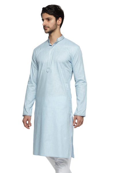 Men's sky blue hand-embroidered knee-length kurta, alternate front view.