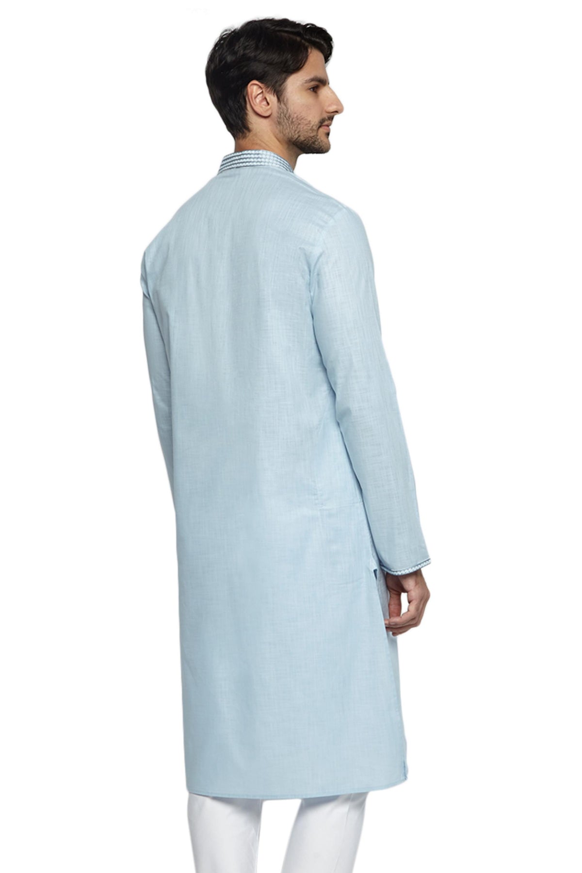 Men's sky blue hand-embroidered knee-length kurta, alternate side view.