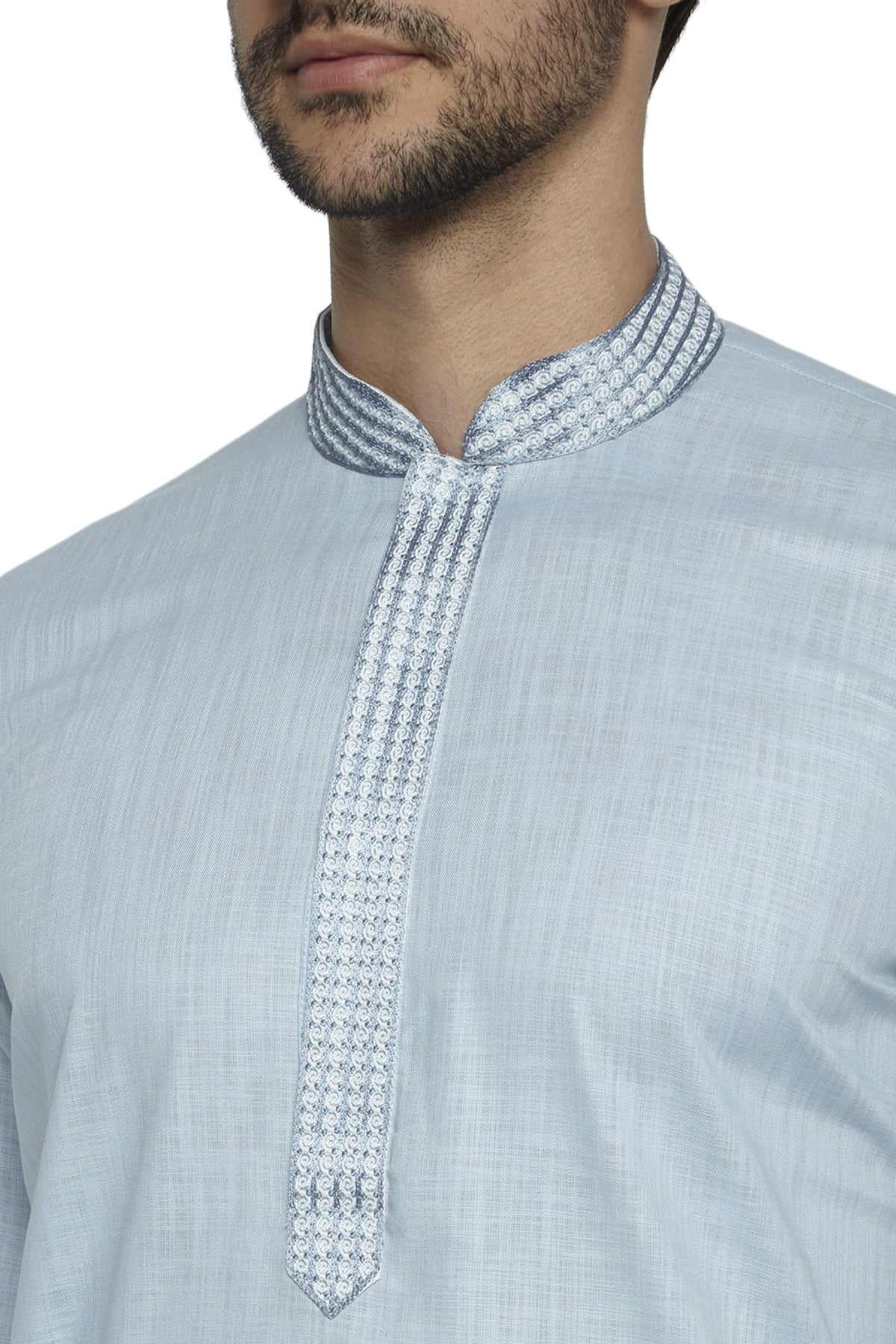 Men's sky blue hand-embroidered knee-length kurta, back view.