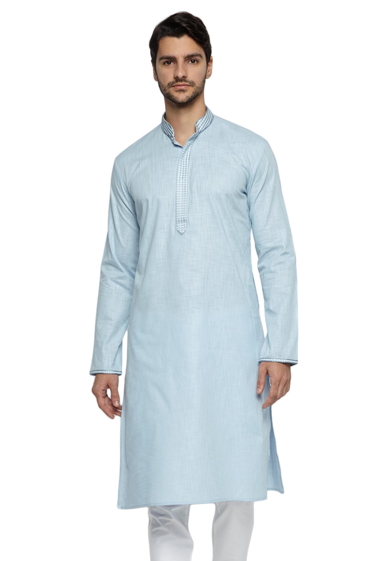 Men's sky blue hand-embroidered knee-length kurta, front view.