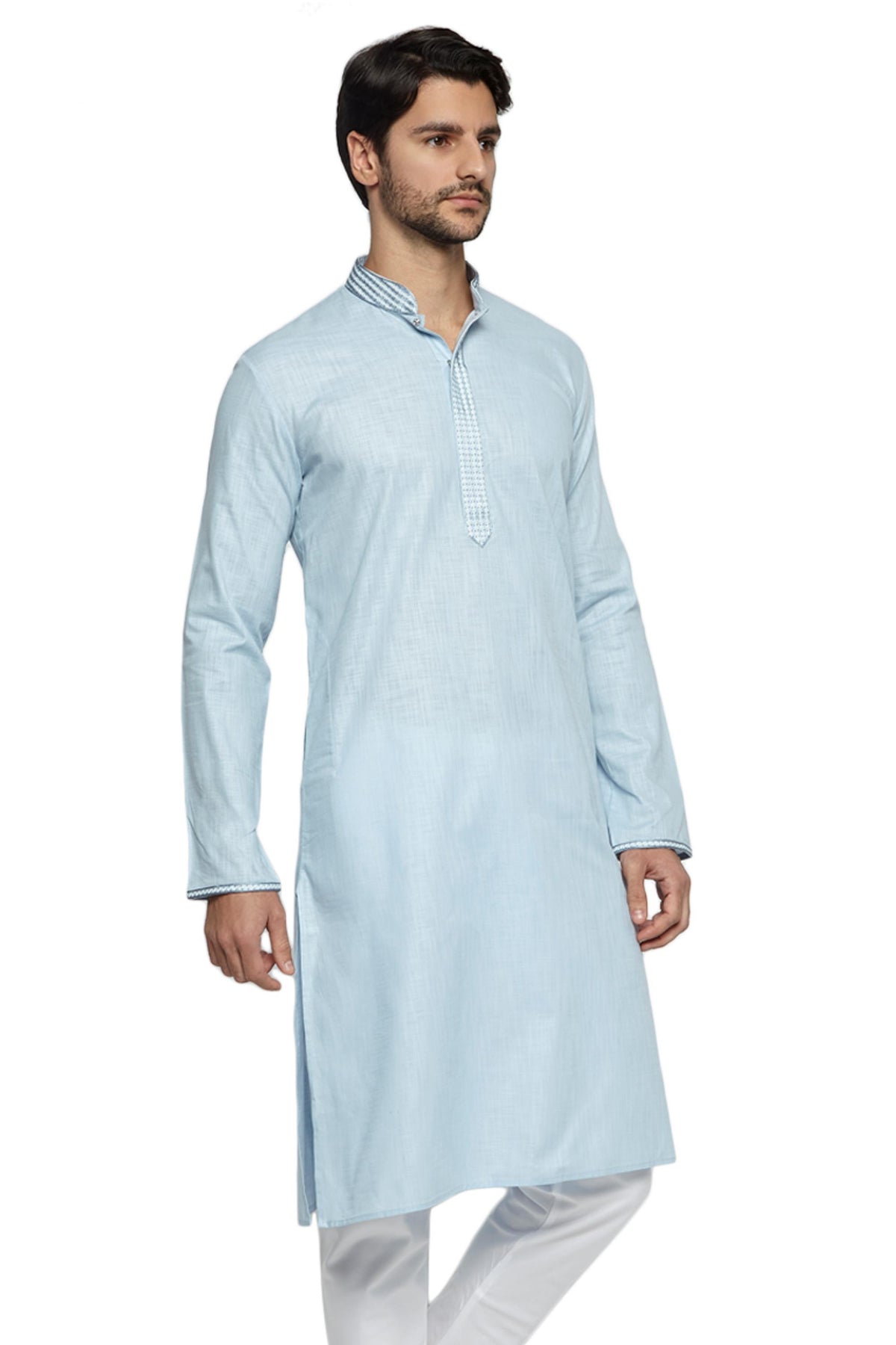 Men's sky blue hand-embroidered knee-length kurta, side view.