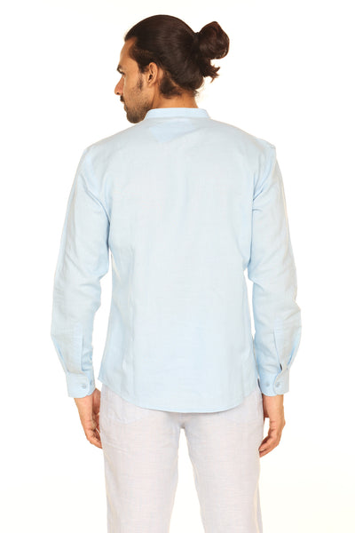 Men's sky blue linen-cotton knee-length kurta, alternate front view.