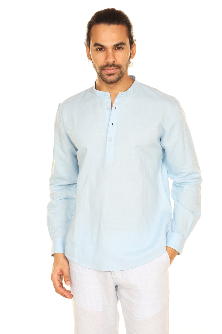 Men's sky blue linen-cotton knee-length kurta, front view.