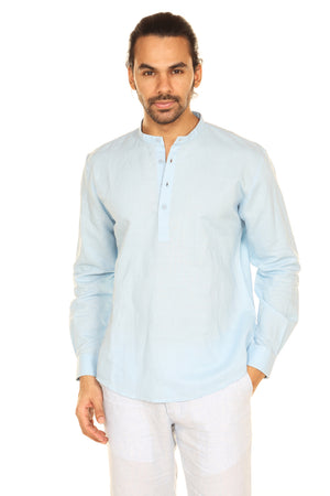 Men's sky blue linen-cotton knee-length kurta, front view.