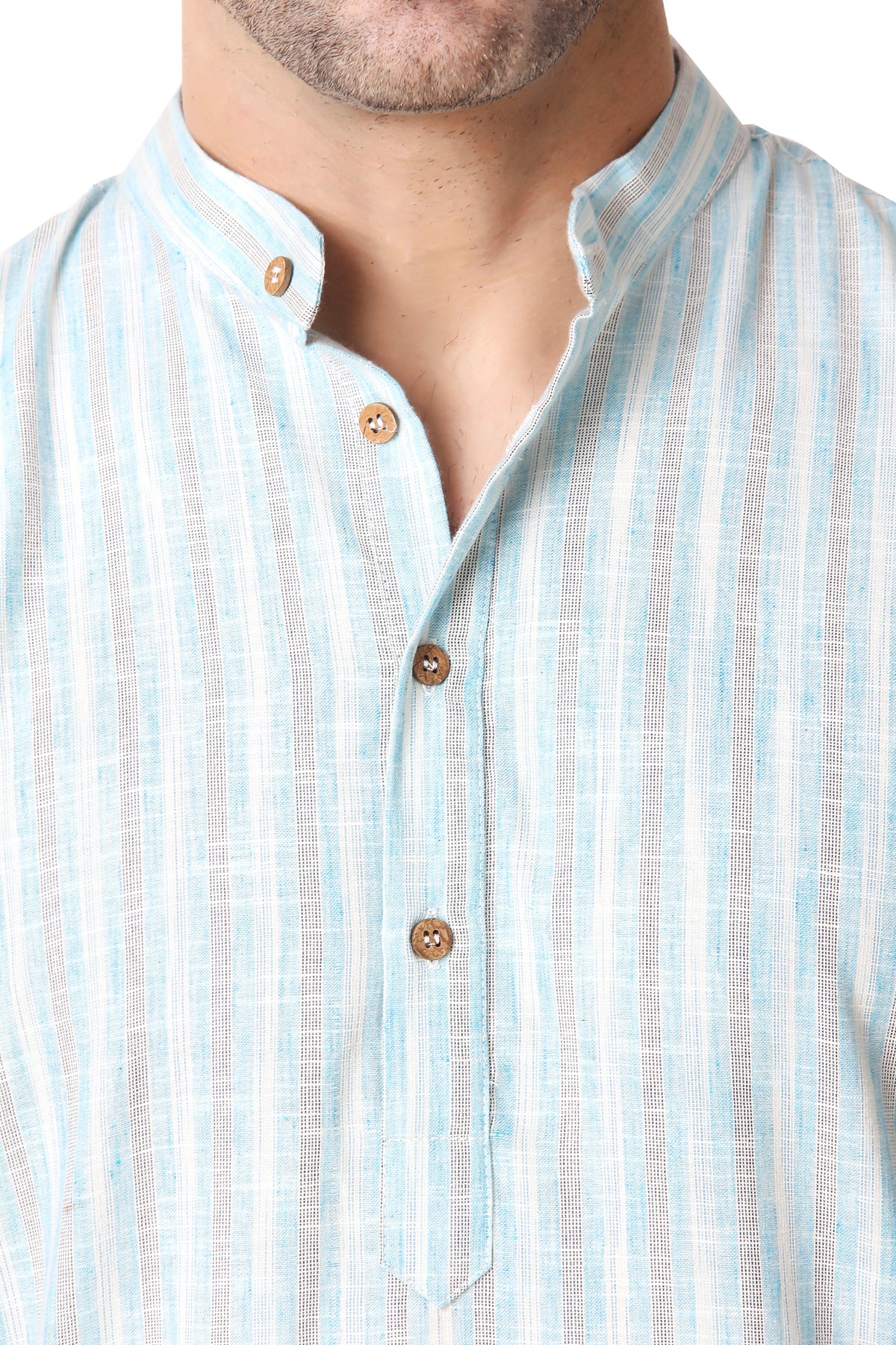 Men's sky blue striped cotton knee-length kurta, additional product detail.