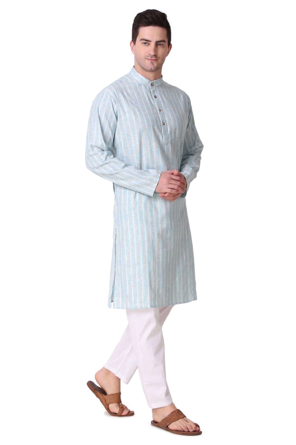 Men's sky blue striped cotton knee-length kurta, alternate front view.