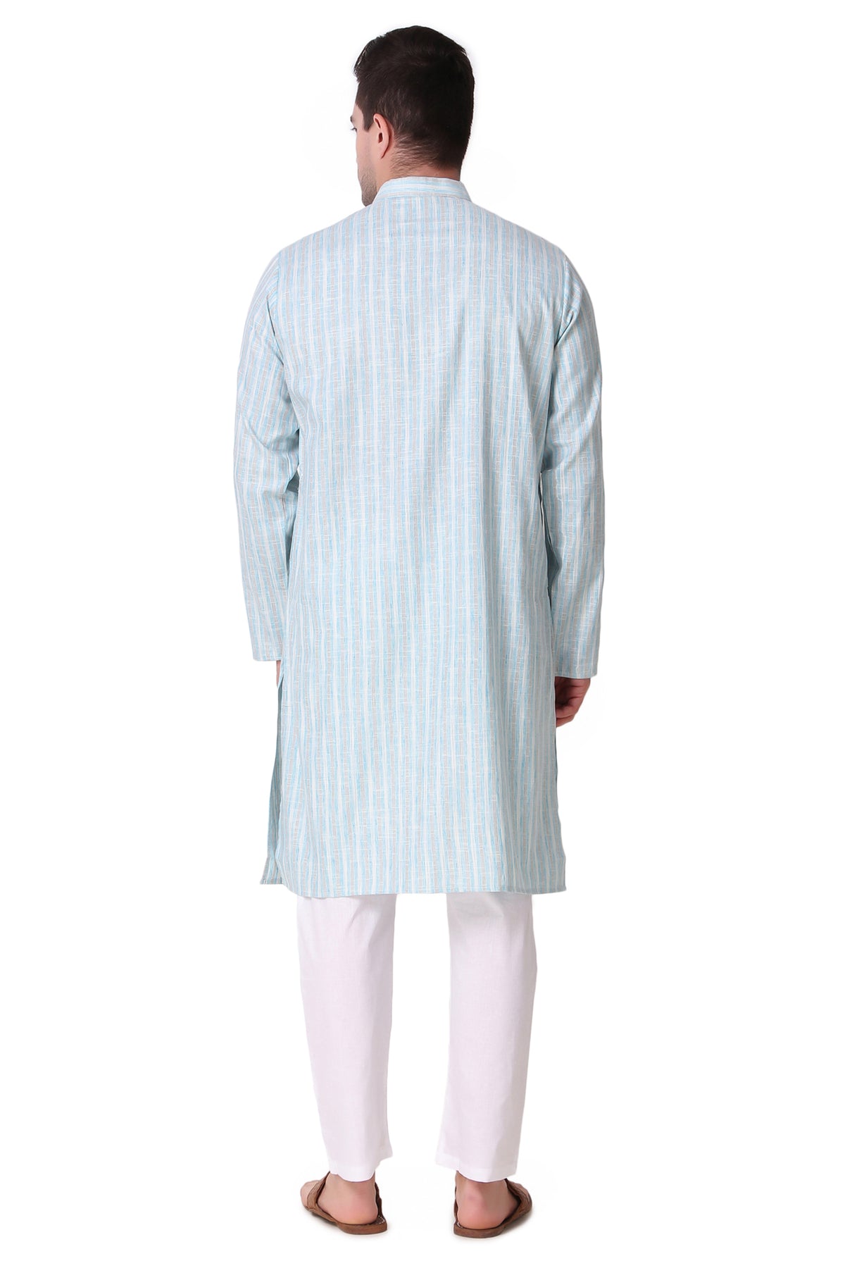 Men's sky blue striped cotton knee-length kurta, alternate side view.