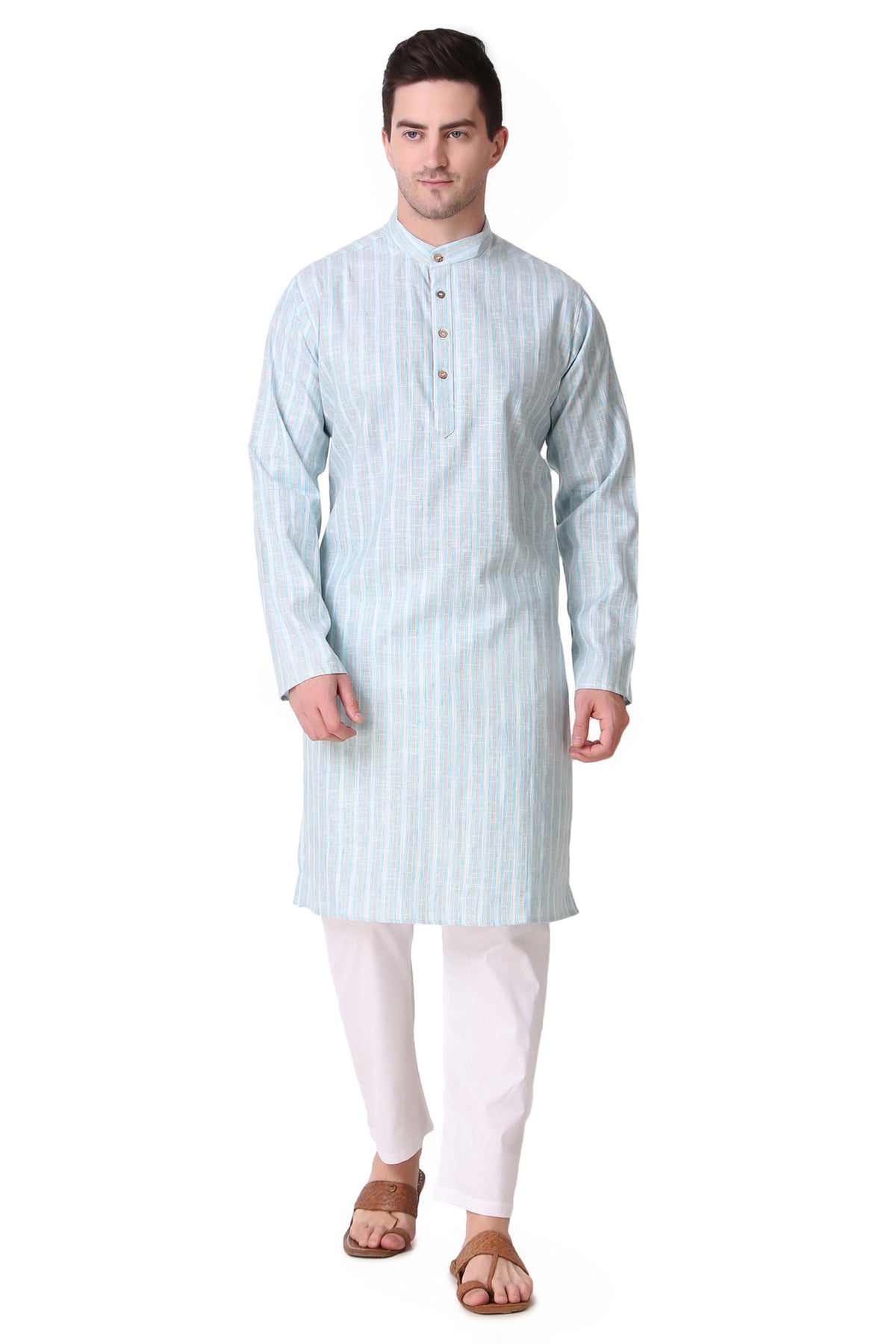 Men's sky blue striped cotton knee-length kurta, back view.
