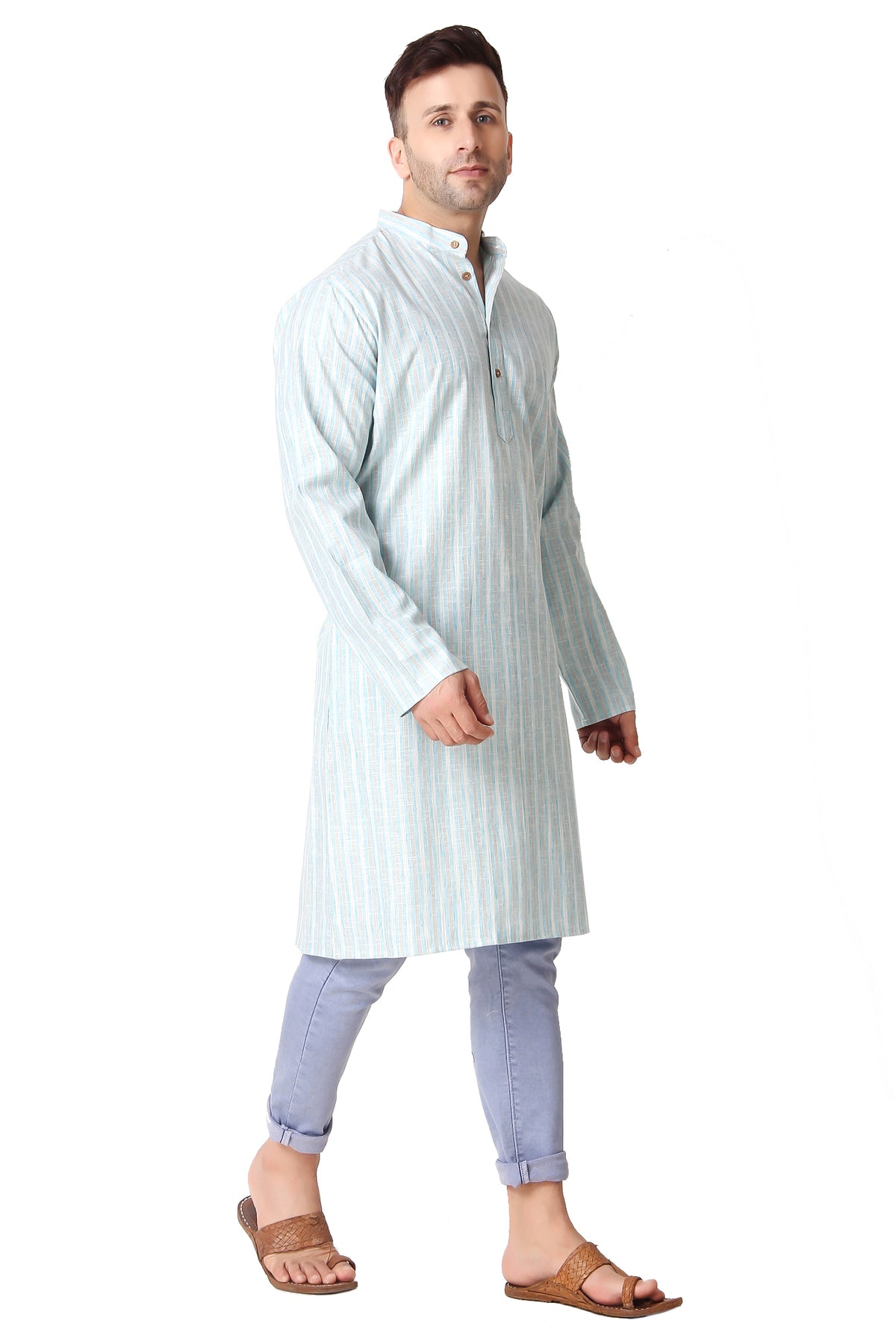 Men's sky blue striped cotton knee-length kurta, close-up detail.