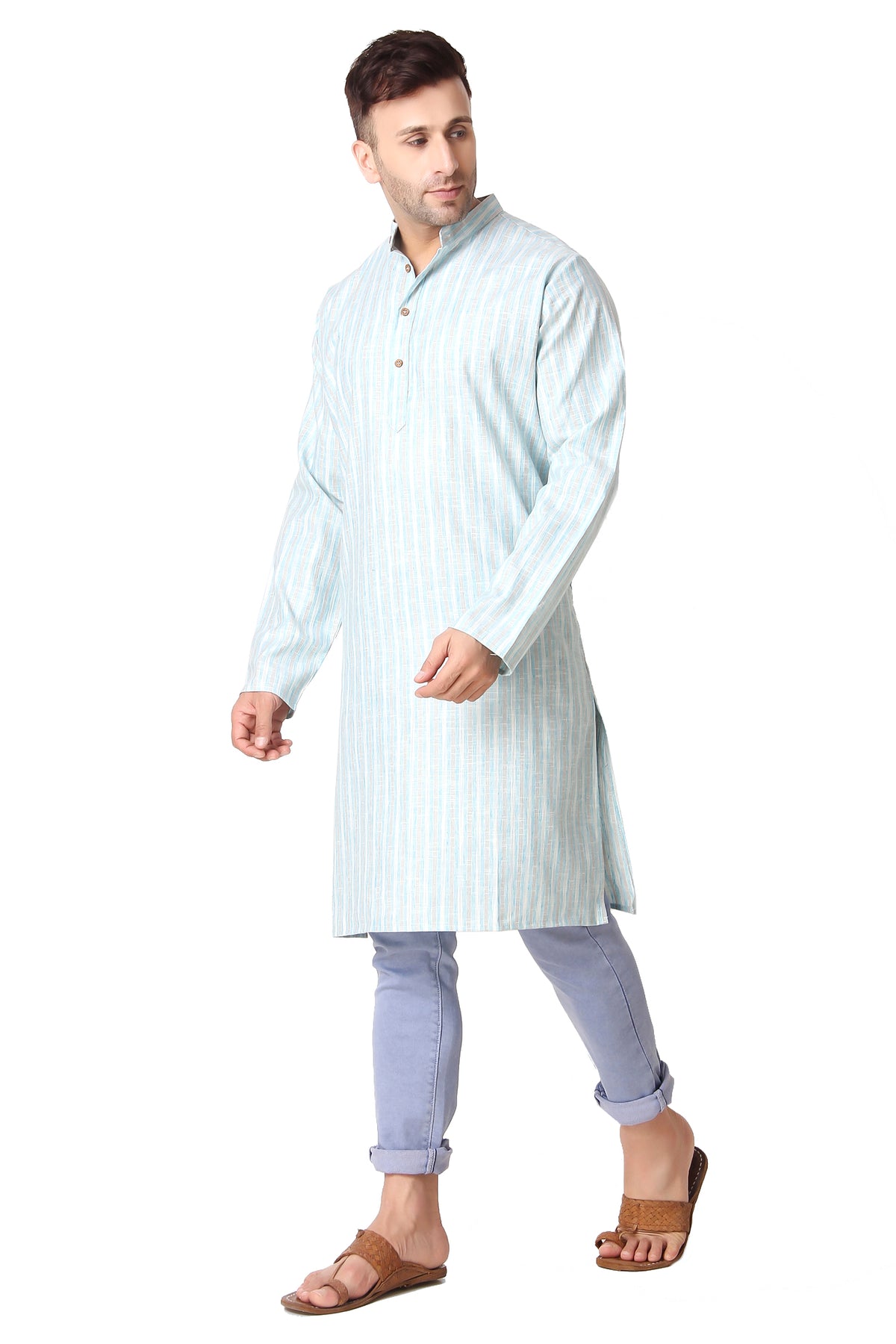 Men's sky blue striped cotton knee-length kurta, collar and neckline detail.