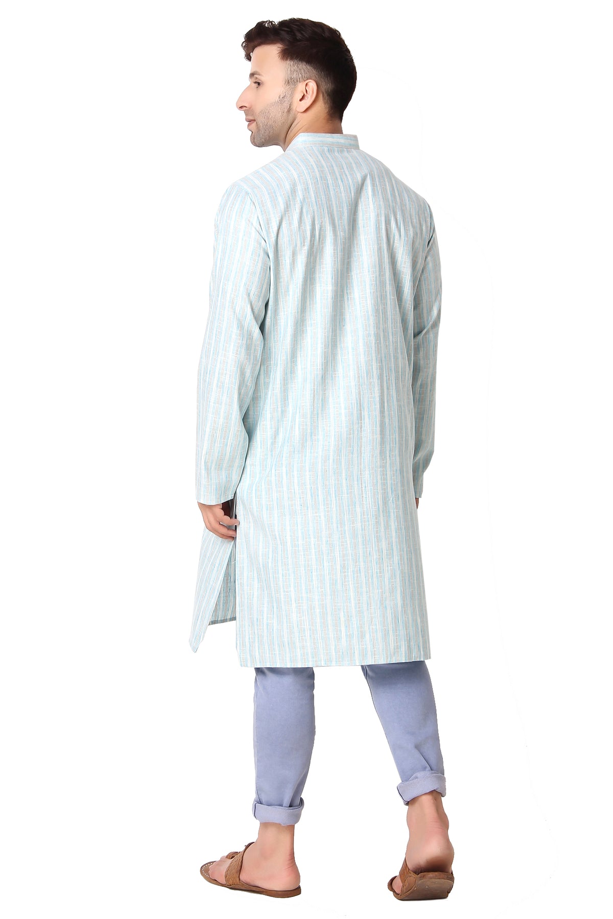 Men's sky blue striped cotton knee-length kurta, fabric texture detail.