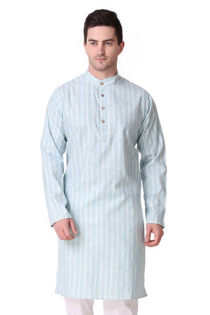 Men's sky blue striped cotton knee-length kurta, front view.