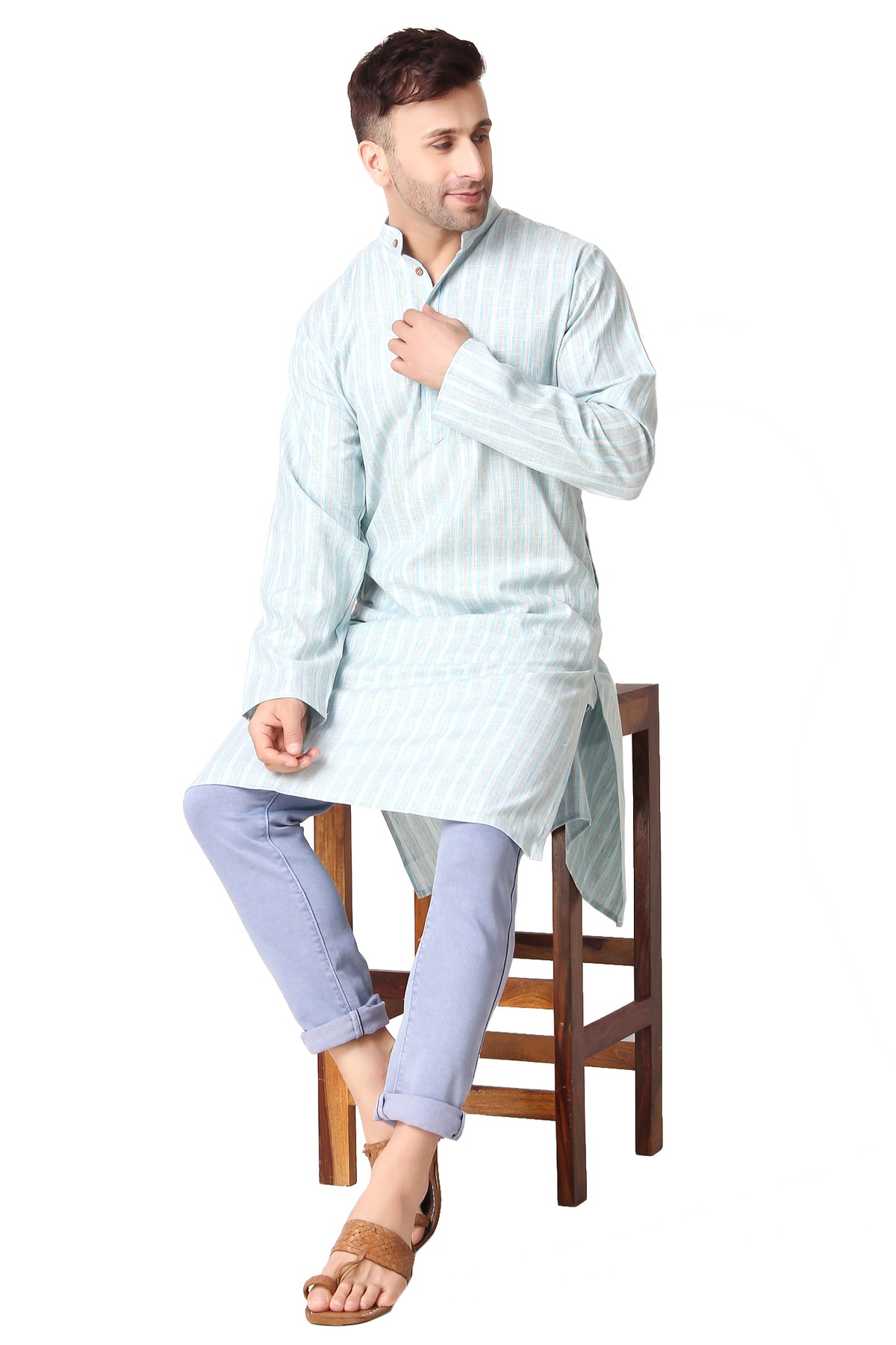 Men's sky blue striped cotton knee-length kurta, front placket detail.