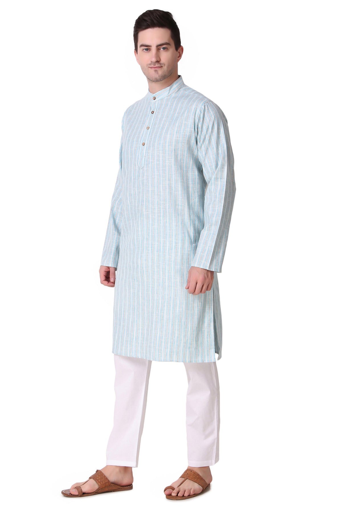 Men's sky blue striped cotton knee-length kurta, side view.