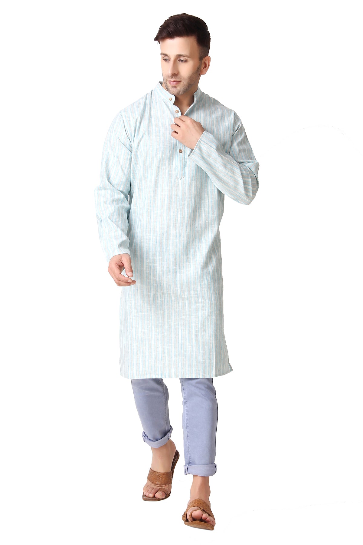 Men's sky blue striped cotton knee-length kurta, styled product view.