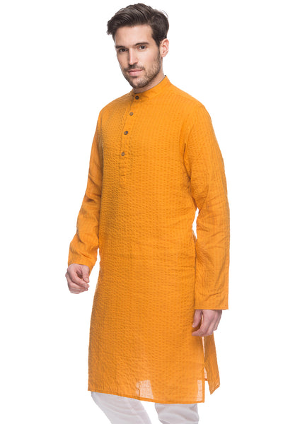 Men's striped cotton band collar knee-length kurta, alternate front view.