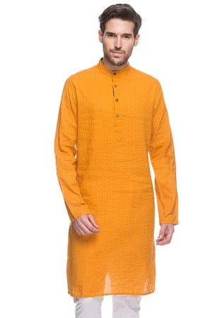 Men's striped cotton band collar knee-length kurta, front view.