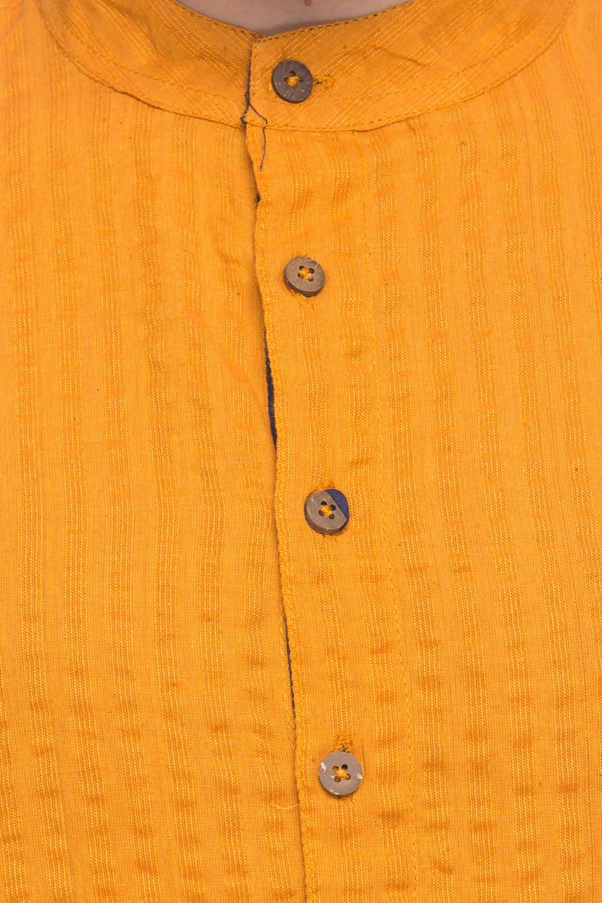 Men's striped cotton band collar knee-length kurta, side view.