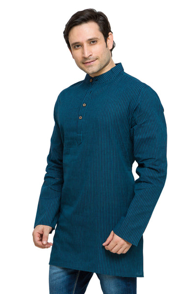 Men's striped cotton band collar knee-length kurta style 2, alternate front view.