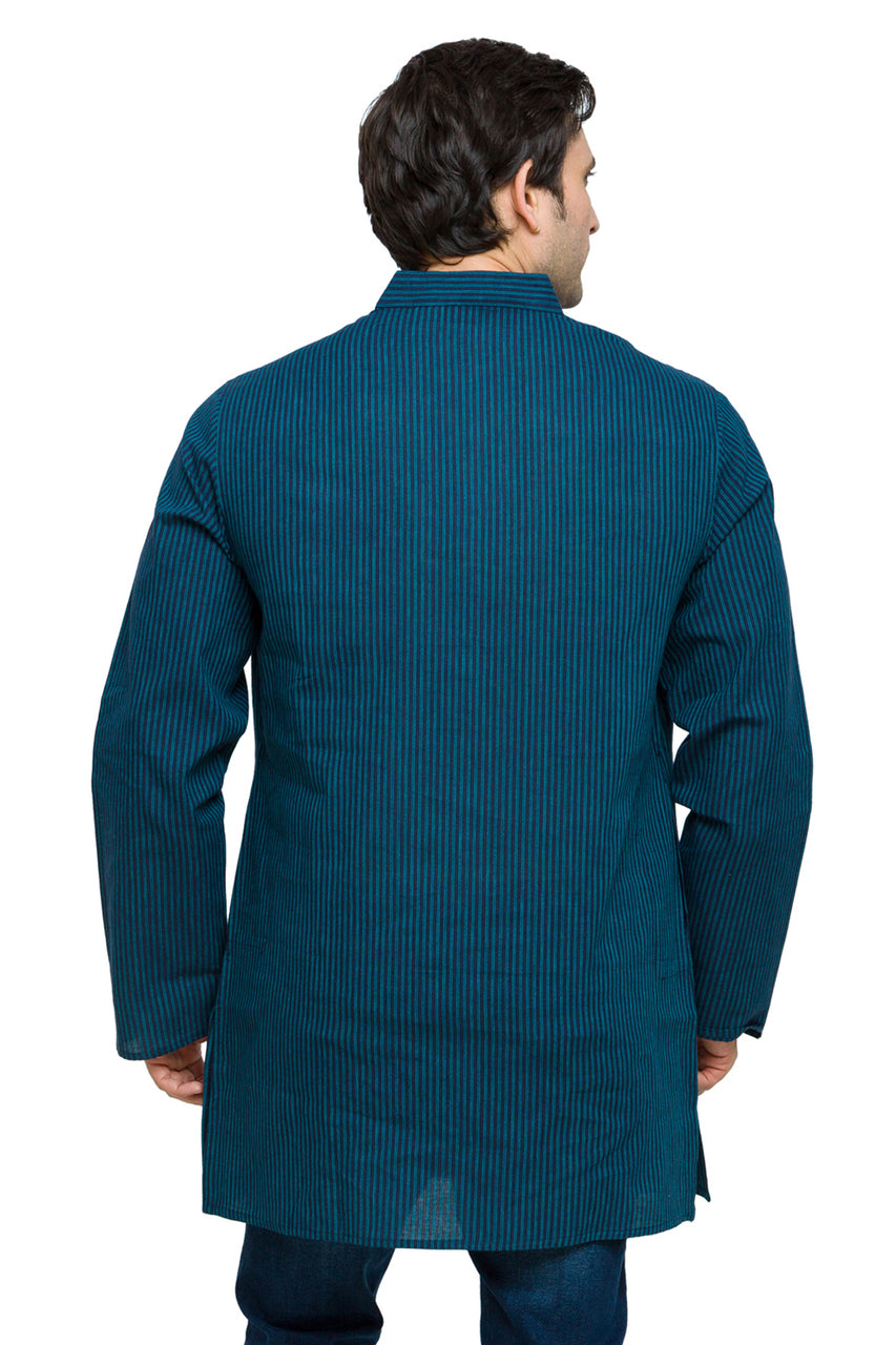 Men's striped cotton band collar knee-length kurta style 2, alternate side view.