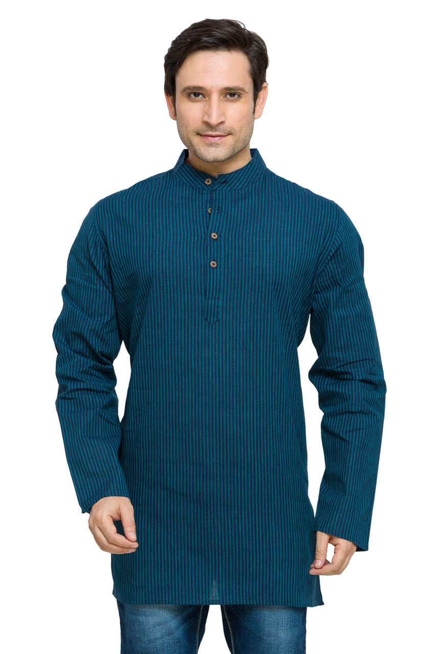 Men's striped cotton band collar knee-length kurta style 2, front view.