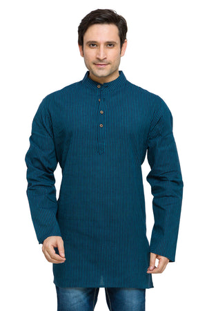 Men's striped cotton band collar knee-length kurta style 2, front view.