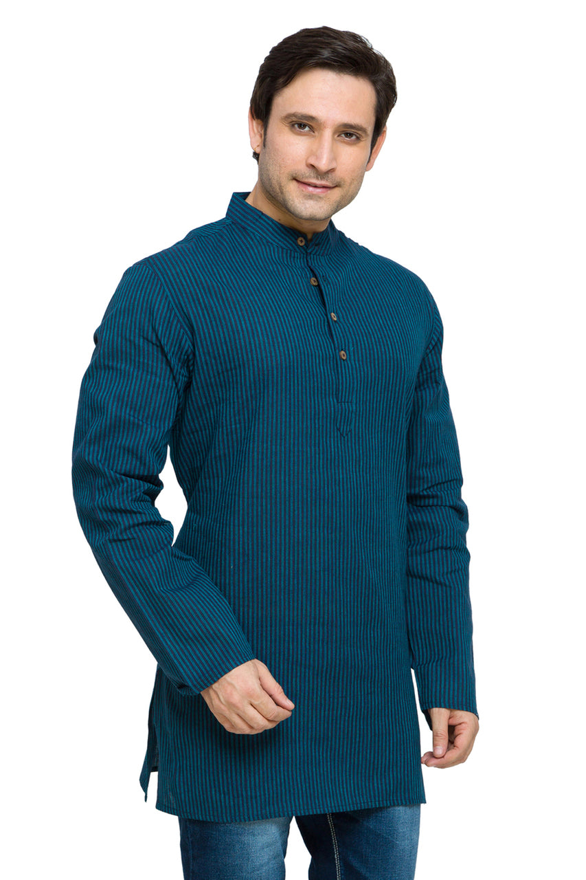 Men's striped cotton band collar knee-length kurta style 2, side view.