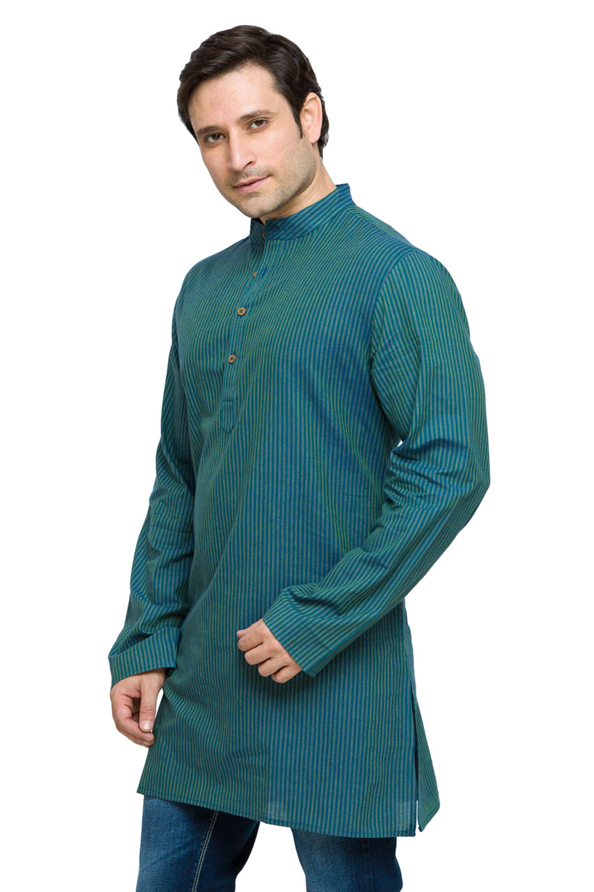 Men's striped cotton band collar knee-length kurta style 3, alternate front view.