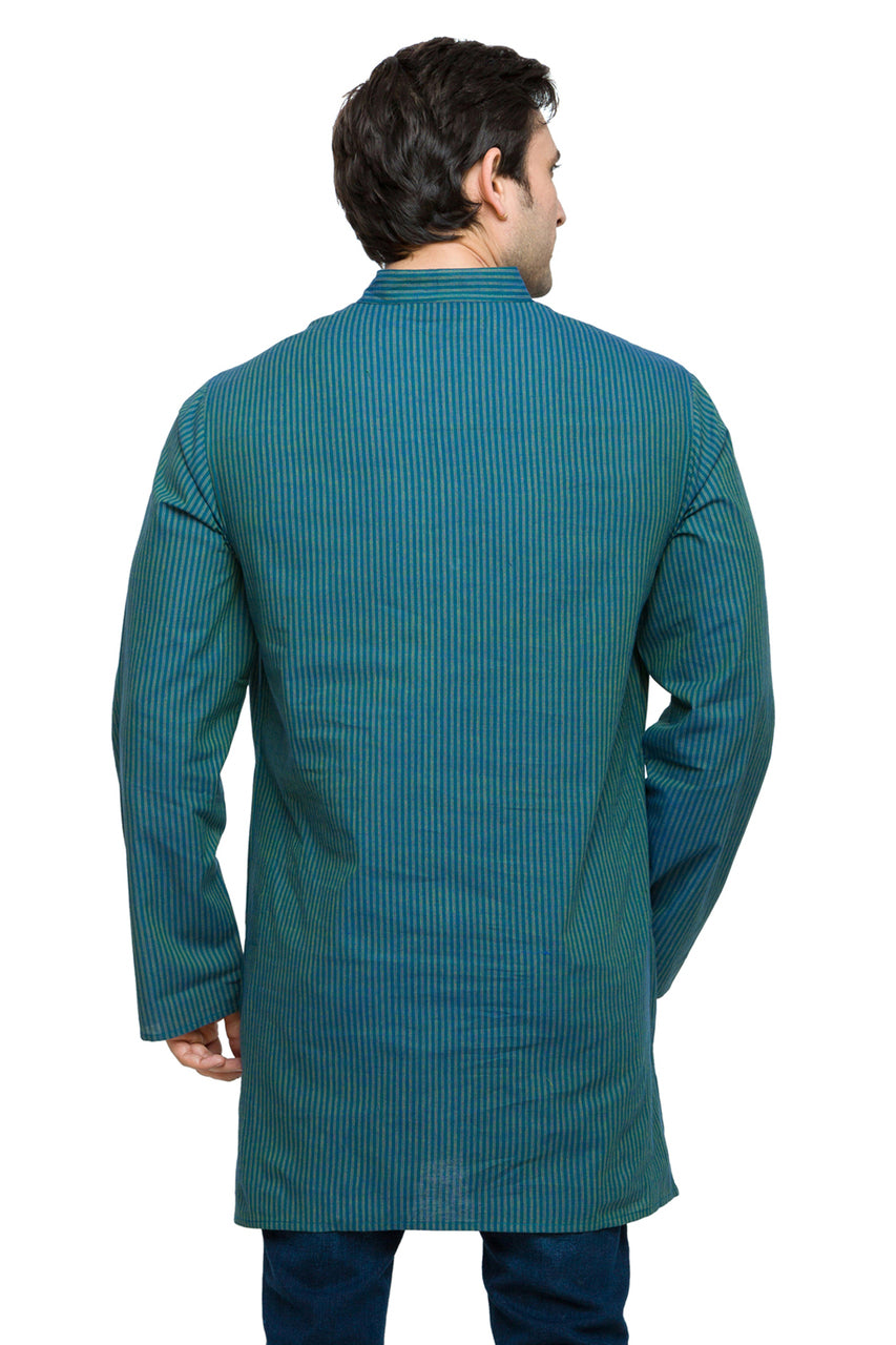 Men's striped cotton band collar knee-length kurta style 3, alternate side view.