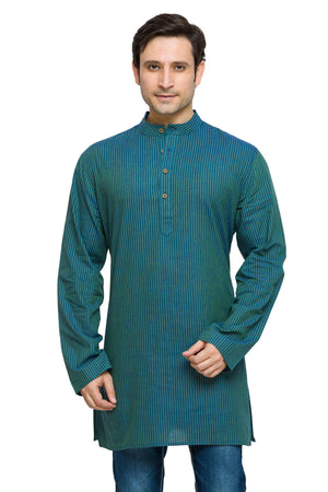 Men's striped cotton band collar knee-length kurta style 3, front view.