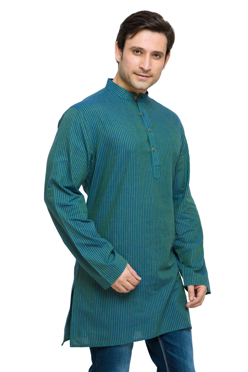 Men's striped cotton band collar knee-length kurta style 3, side view.