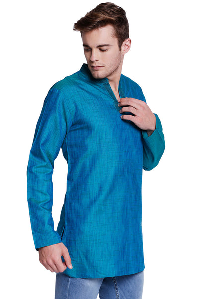 Men's teal embroidered cotton blend knee-length kurta, alternate front view.