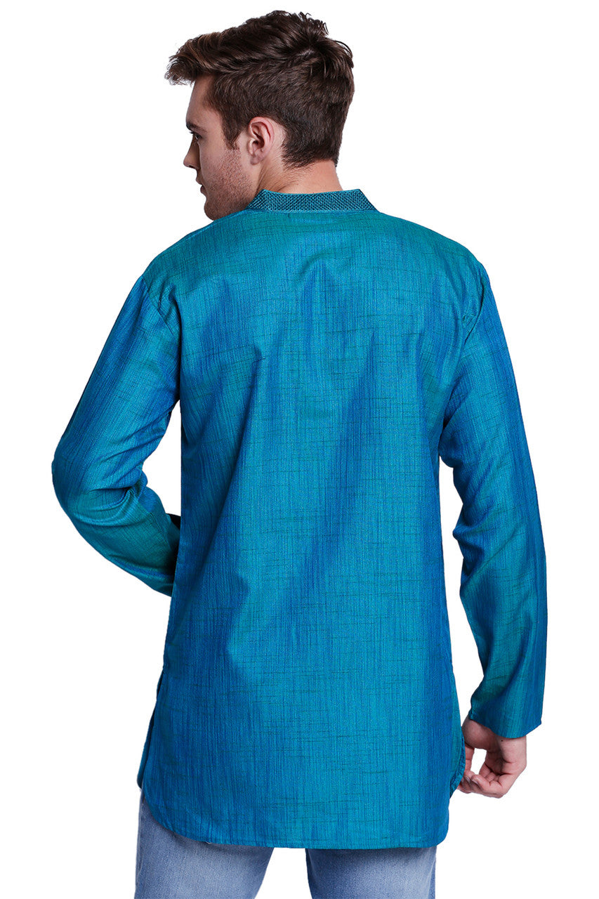 Men's teal embroidered cotton blend knee-length kurta, alternate side view.