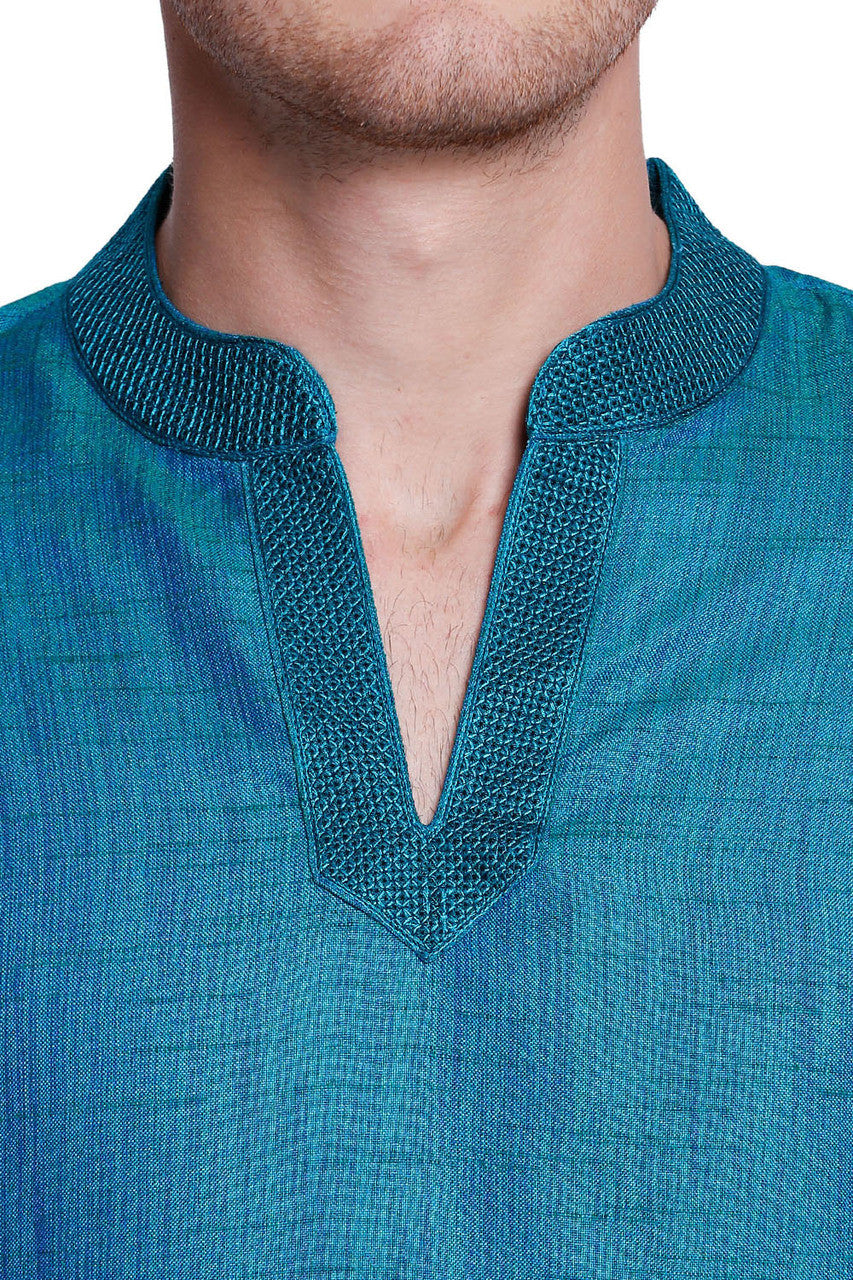 Men's teal embroidered cotton blend knee-length kurta, back view.