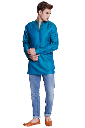 Men's teal embroidered cotton blend knee-length kurta, front view.