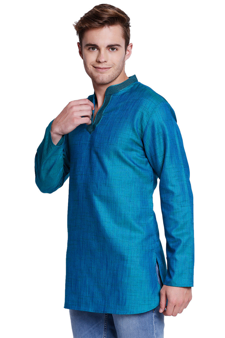 Men's teal embroidered cotton blend knee-length kurta, side view.