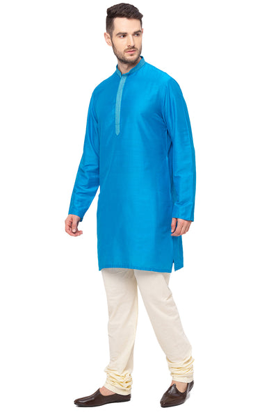 Men's teal embroidered cotton blend knee-length kurta, alternate front view.