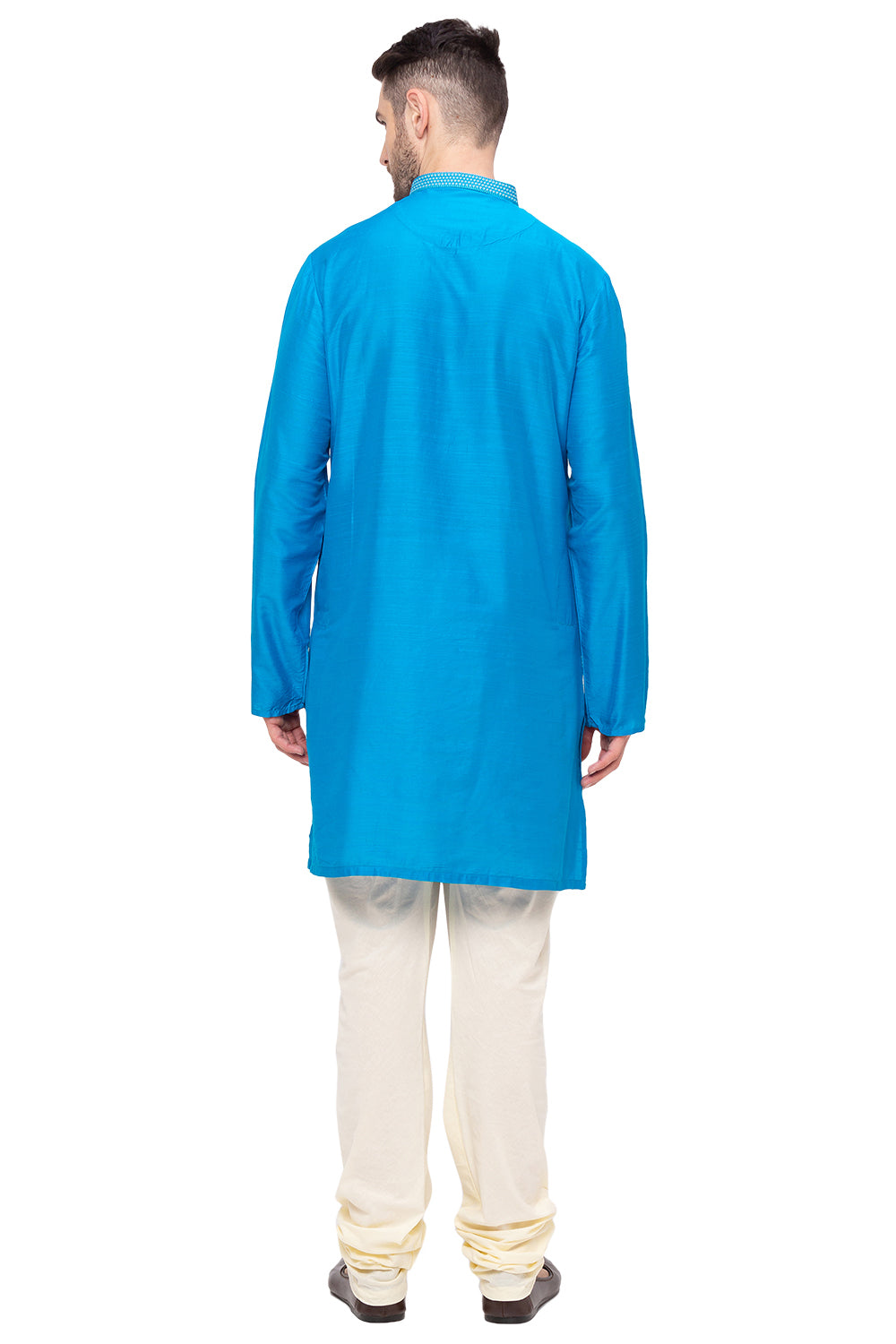 Men's teal embroidered cotton blend knee-length kurta, alternate side view.