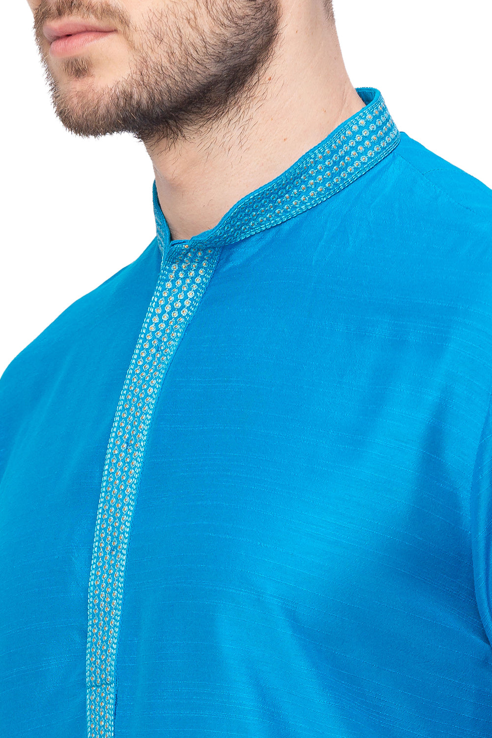 Men's teal embroidered cotton blend knee-length kurta, back view.
