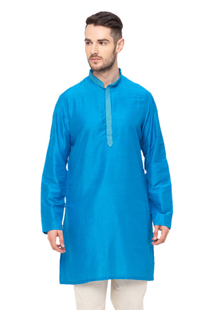 Men's teal embroidered cotton blend knee-length kurta, front view.