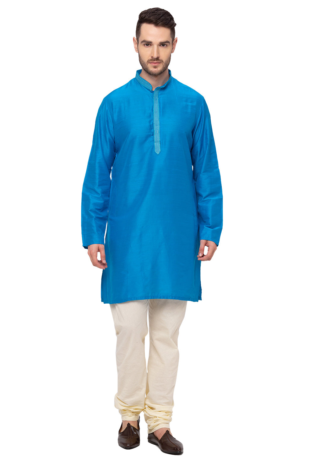 Men's teal embroidered cotton blend knee-length kurta, side view.